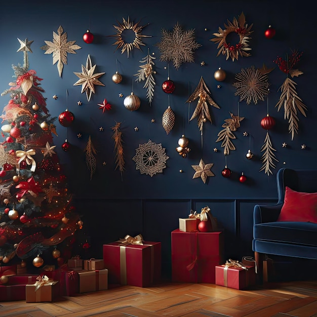 Foto la pared de la habitación azul oscuro decorada con un gran árbol de navidad esponjoso con bolas rojas y amarillas