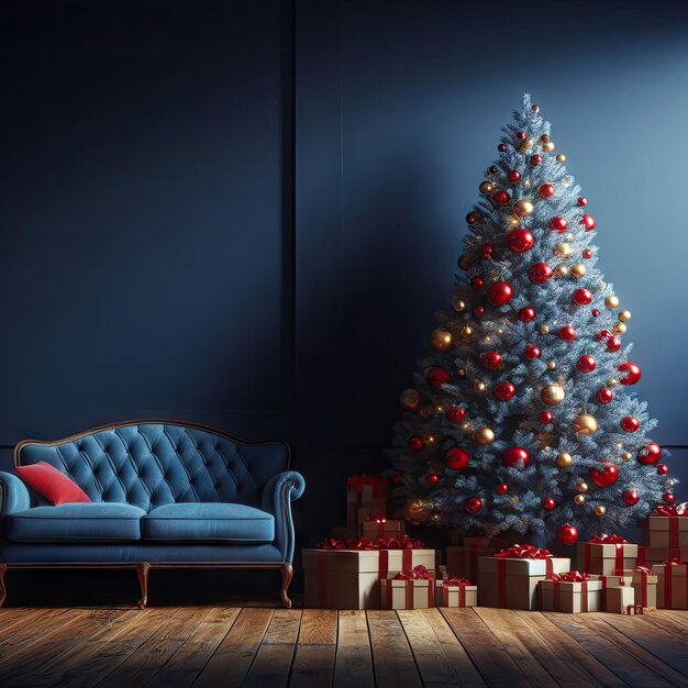 Foto la pared de la habitación azul oscuro decorada con un gran árbol de navidad esponjoso con bolas rojas y amarillas