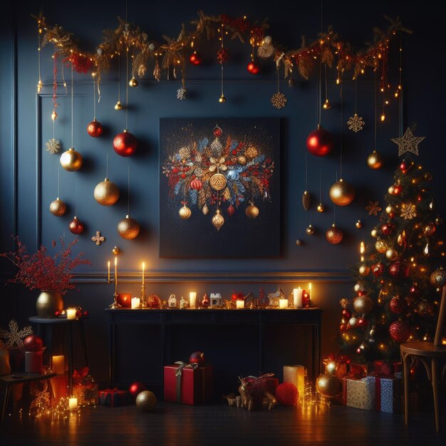 Foto la pared de la habitación azul oscuro decorada con un gran árbol de navidad esponjoso con bolas rojas y amarillas