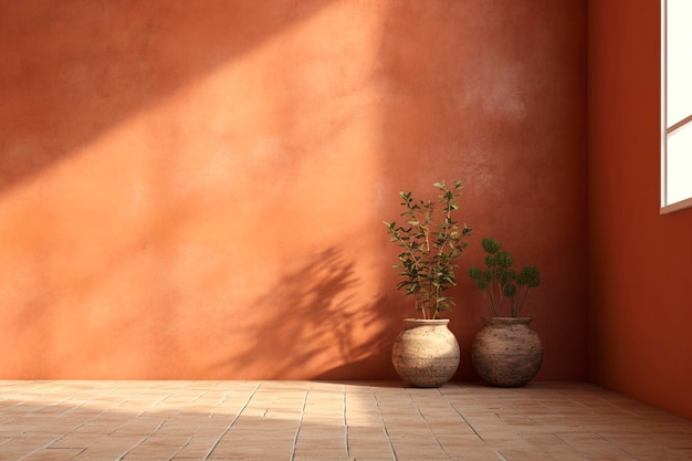 Pared de la habitación de color terracota cerca de la ventana con tinas de plantas