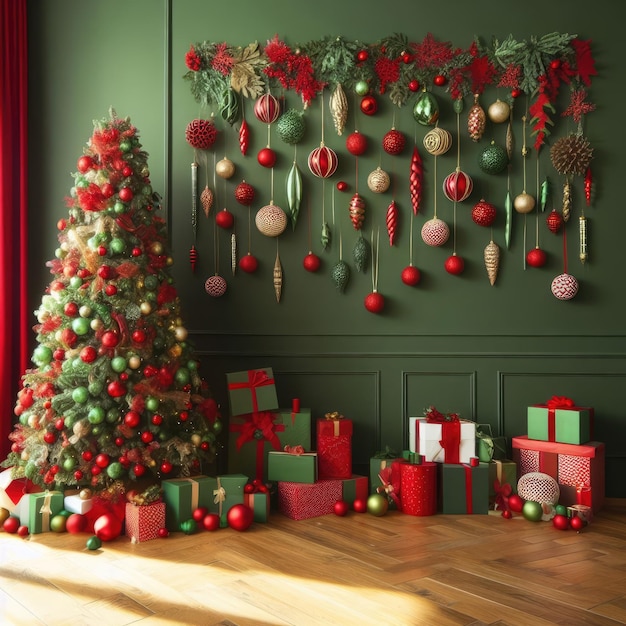 Foto pared de habitación verde decorada al estilo de año nuevo o navidad en colores rojos y verdes con cristmas