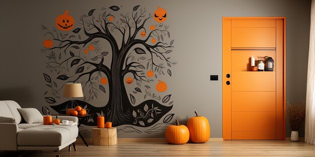 Foto una pared de halloween con una calabaza y una puerta con la palabra ir en ella