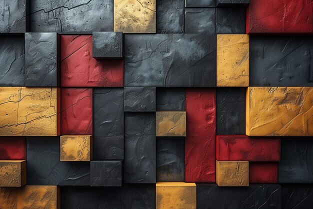 Pared hecha de bloques de varios colores, incluido el negro, el rojo y el amarillo, hecha de hormigón y tiene una textura áspera