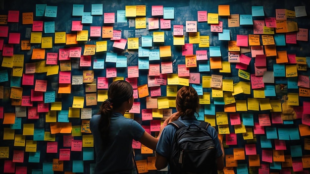 Foto pared de ideas uso creativo de notas adhesivas en una oficina que simbolizan la estrategia empresarial y la comunicación de grupo