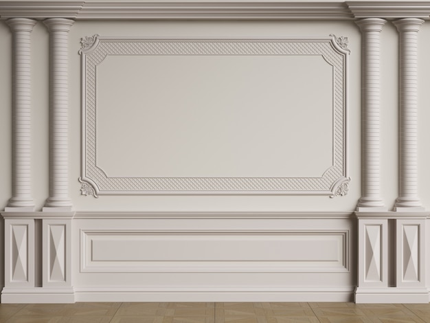 Foto pared interior clásica con molduras. piso de parquet en espiga. ilustración digital representación 3d