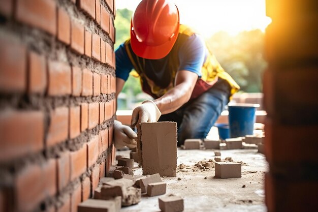 Pared de ladrillo albañil paredes de construcción albañil instala ladrillos trabajador profesional industrial