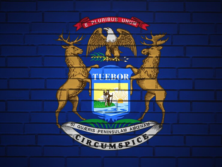Foto pared de ladrillo bandera del estado de michigan