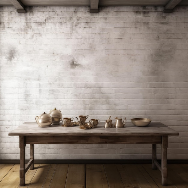 Pared de ladrillo blanco con fondo de suelo de madera