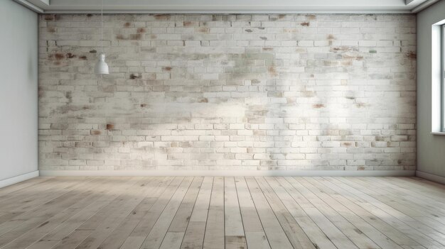 Foto pared de ladrillo blanco con fondo de suelo de madera