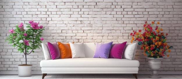 La pared de ladrillo blanco sirve como telón de fondo para el elegante sofá, un jarrón vibrante lleno de flores.