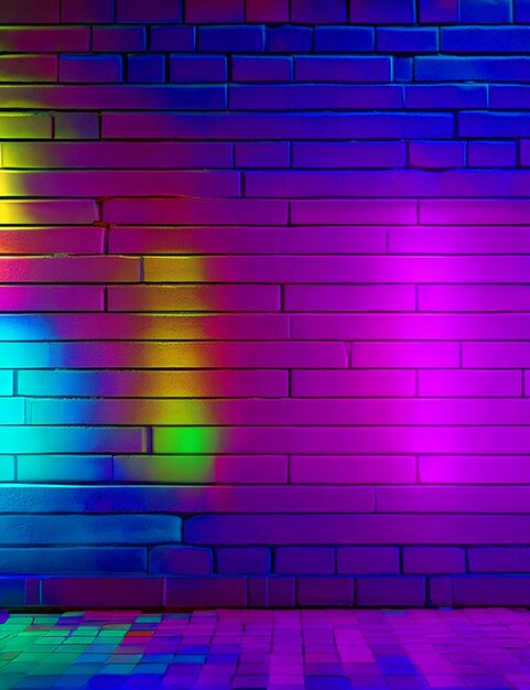 Pared de ladrillo en colores de neón imagen de renderización 3D Tecnología fondo futurista