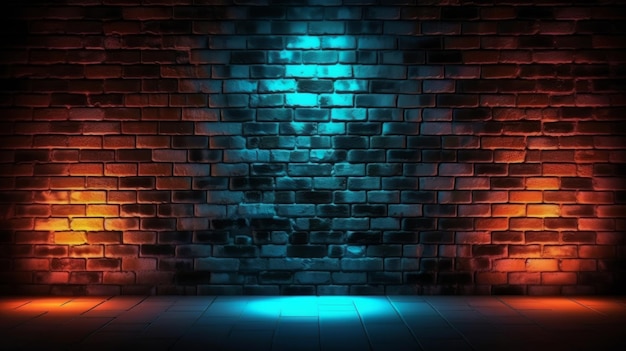 Una pared de ladrillo iluminada por una luz azul vibrante Generative ai