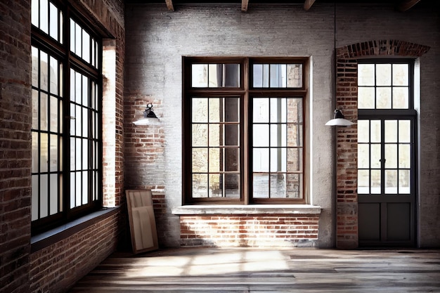 Pared de ladrillo industrial rústica con un acabado envejecido y ventanas grandes para dejar entrar la luz natural