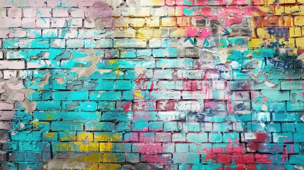 Pared de ladrillo con manchas de pintura coloridas abstractas inspiradas en el arte callejero fondo papel tapiz imagen generada por IA