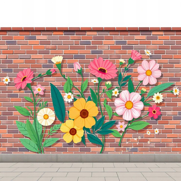 Pared de ladrillo con un mural floral