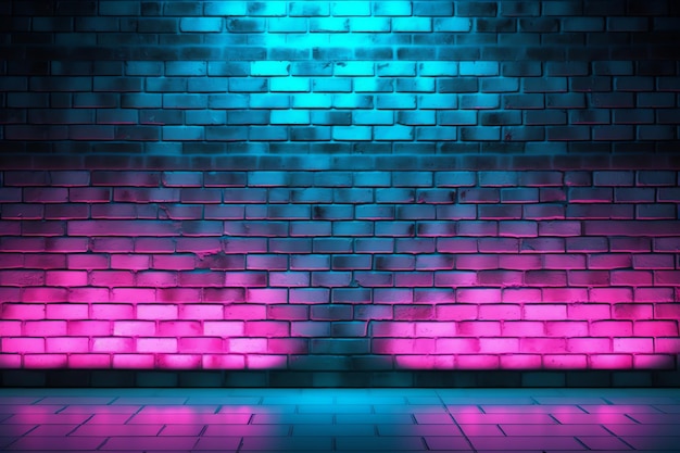 Una pared de ladrillo oscuro con una luz azul y rosa.