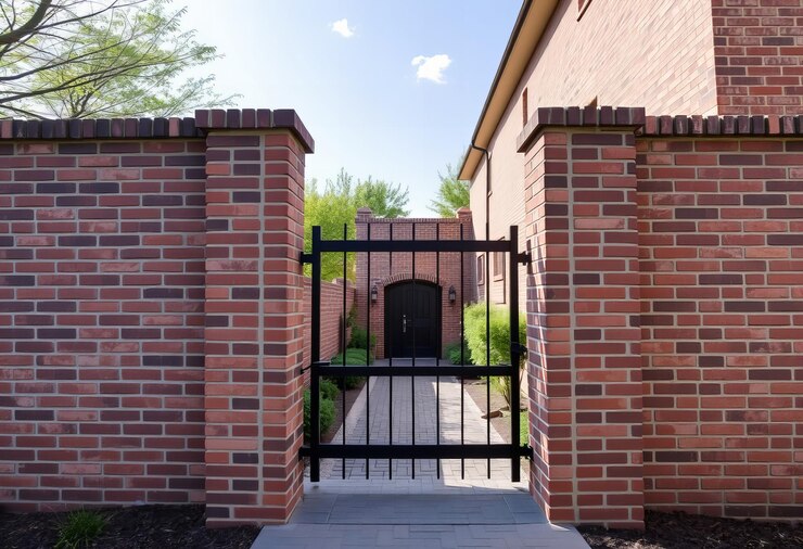 Una pared de ladrillo con una puerta robusta que conduce a un patio privado