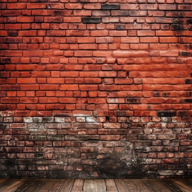 Pared de ladrillo rojo grunge con suelo de madera en el fondo interior vintage