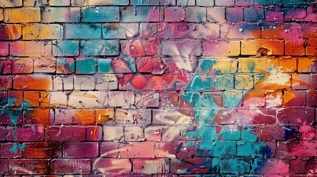 Foto una pared de ladrillo sirve como lienzo para una impresionante obra de arte de pintura en spray que destaca el concepto de arte callejero la explosión de color y textura captura la vibración y la energía rebelde de la forma de arte