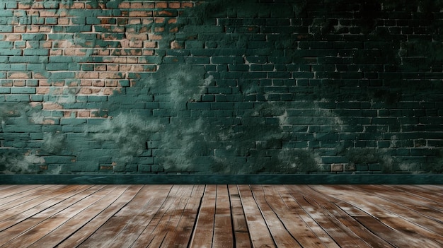 Pared de ladrillo verde oliva y piso de madera en una habitación vacía al estilo de la IA generativa minimalista