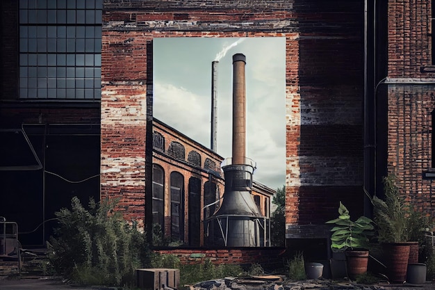 Una pared de ladrillos apilados con una chimenea en la distancia creando un ambiente industrial antiguo