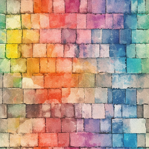 Una pared de ladrillos de colores con un patrón de cuadrados.