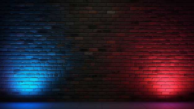 Una pared de ladrillos con luces rojas y azules.