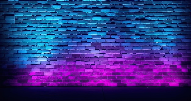 Una pared de ladrillos con una luz azul y violeta.