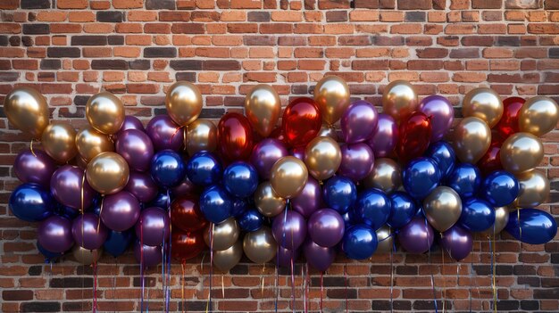 Foto una pared de ladrillos con un montón de globos