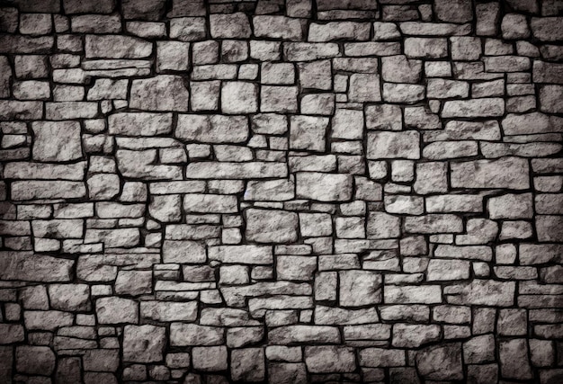 Una pared de ladrillos de piedra gris con un fondo negro