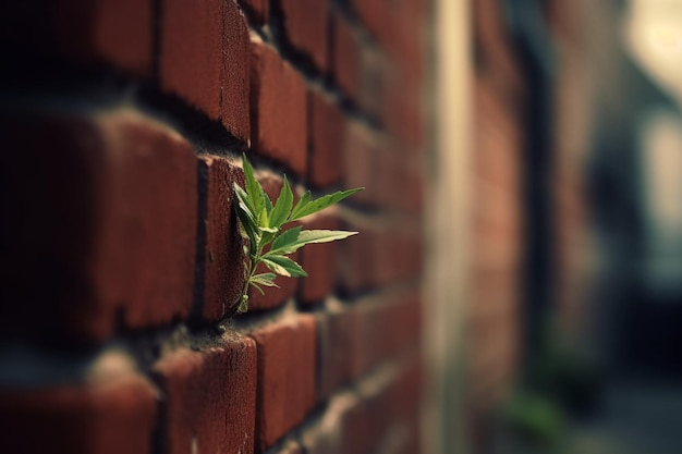 Una pared de ladrillos de la que crece una planta