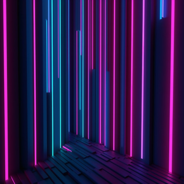 Una pared de luces de neón rosa y azul.