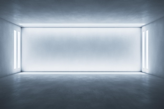 Pared de luz en blanco enmarcada por luces led en una sala vacía de estilo industrial con piso de concreto simulacro de representación 3D