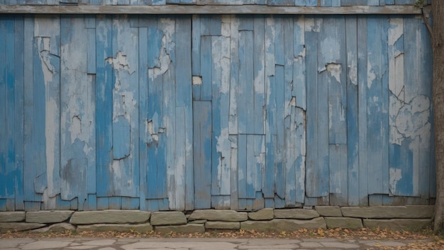 Una pared de madera azul envejecida, desgastada y agrietada, con un toque de pintura aún adherida a su superficie