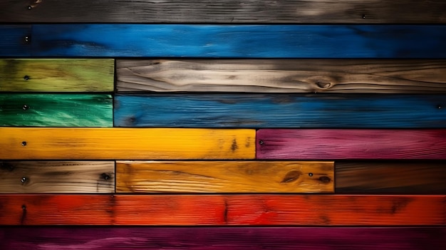 Una pared de madera colorida con diferentes colores.
