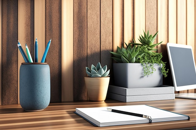 Una pared de madera y un escritorio con materiales para una oficina.