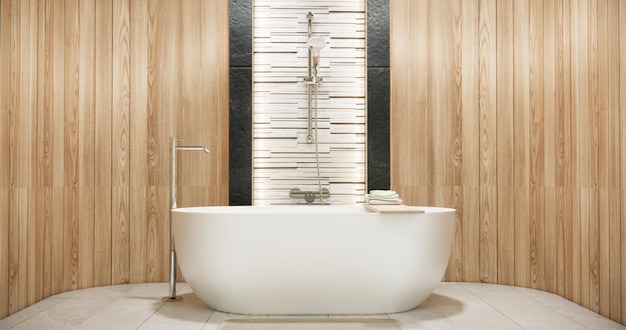 Pared de madera y granito negro en el moderno baño japonés Onsen de estilo minimalista