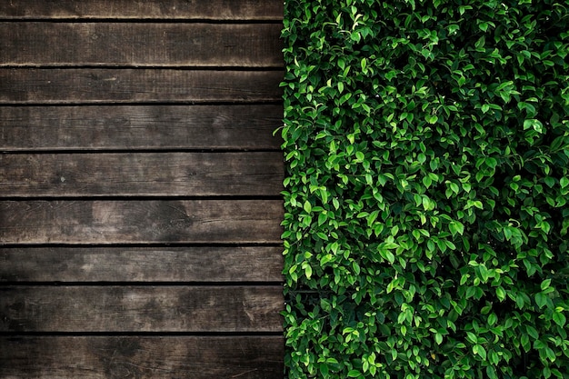 Pared de madera y hojas verdes. Papel pintado de la naturaleza