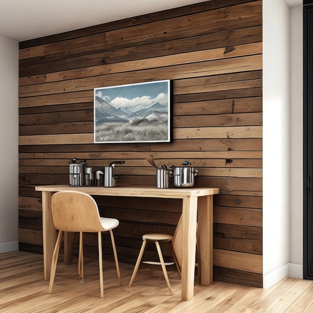Una pared de madera con una imagen de montañas.