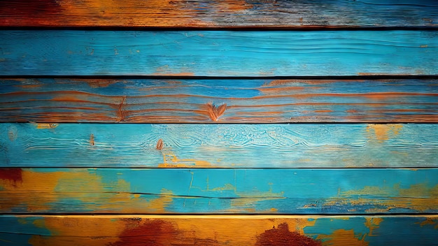 Una pared de madera con pintura azul y naranja.