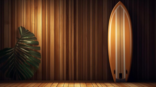 Una pared de madera con una tabla de surf apoyada contra ella.
