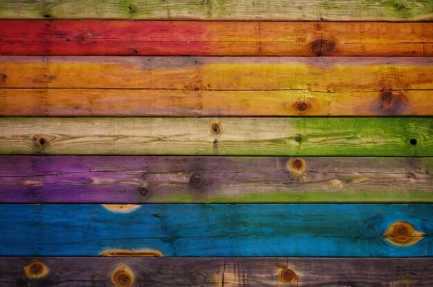 una pared de madera con tablas de colores arco iris pintadas en diferentes colores