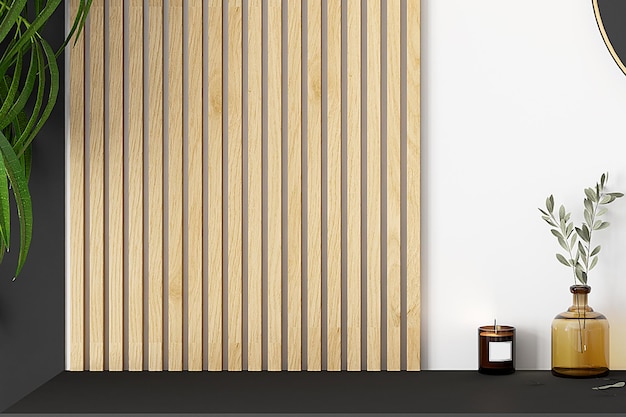 Una pared de madera con una vela al lado.