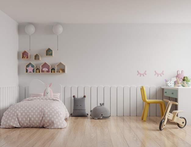 Pared de maqueta de dormitorio en la habitación de los niños en pared blanca