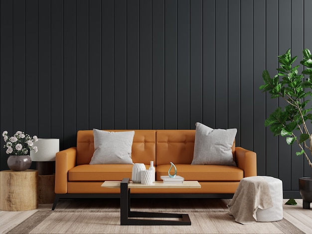 Pared de la maqueta en el fondo interior de la sala de estar oscura con sofá de cuero y mesa en la pared de madera oscura vacía, representación 3d
