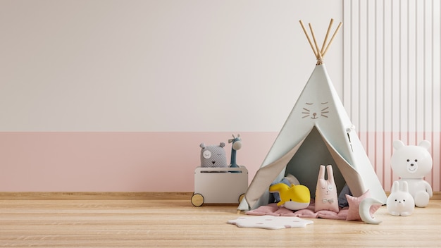 Pared de la maqueta en la habitación de los niños, interior del dormitorio en la pared de color blanco background.3D Rendering