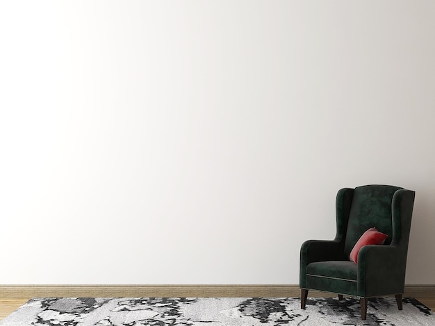 Pared de maqueta con sillón verde y alfombra blanca representación 3d ilustración 3d