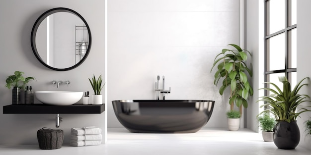 Pared de maqueta vacía Interior de baño negro moderno con espejo redondo de lavabo de bañera de árbol decorativo