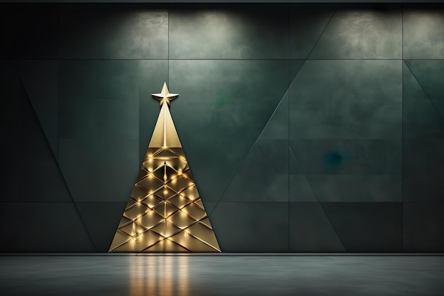 Pared de mármol con símbolos de Navidad Lámpara de guirnaldas y cono de oro metálico en un escenario de diseño moderno Holi