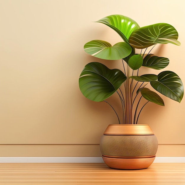 Pared marrón beige en blanco en casa con árbol tropical verde en zócalo de maceta de diseño moderno blanco en wo